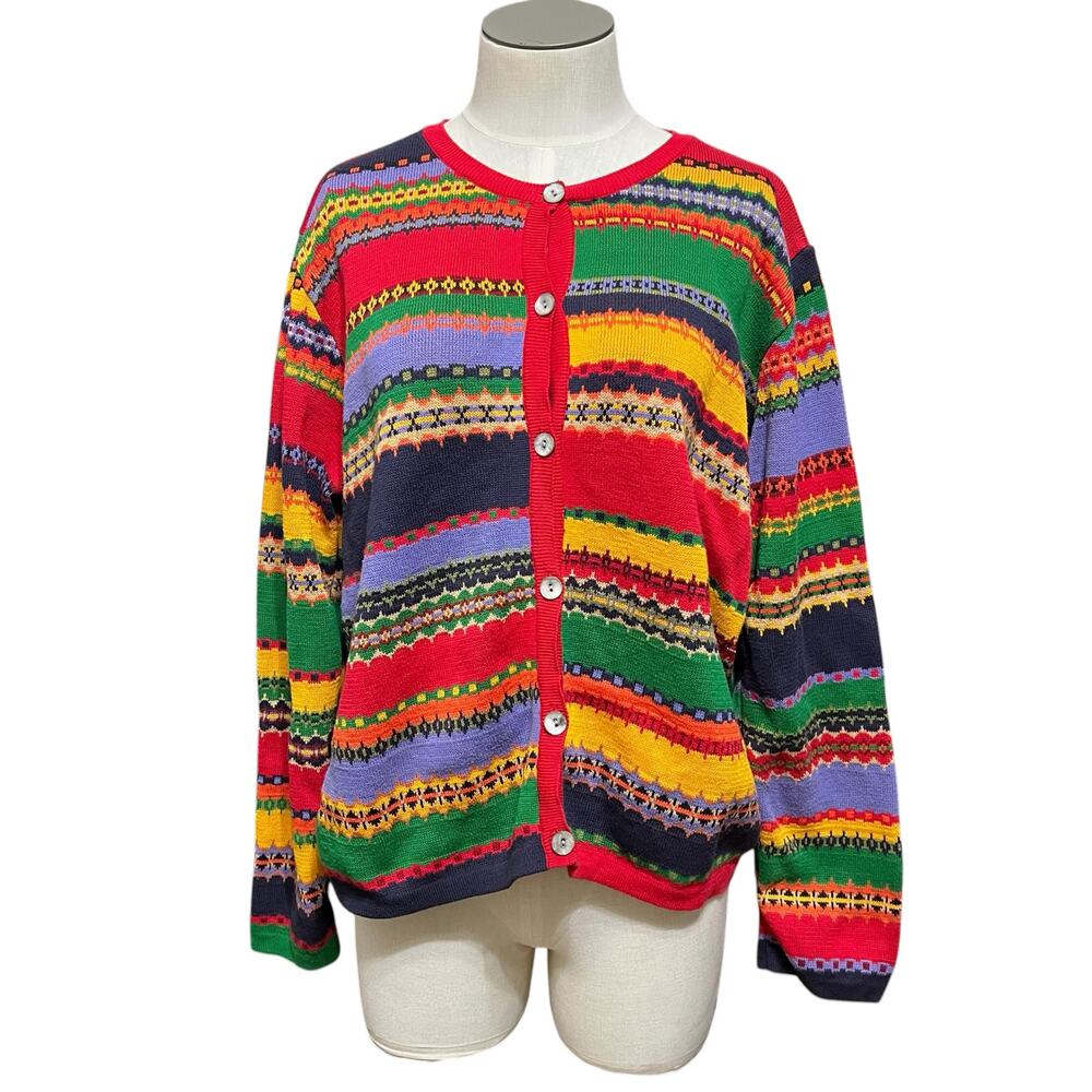 Susan Bristol Vintage Rainbow Stripe Whimsical Kitschy Cardigan Sweater Sz XL